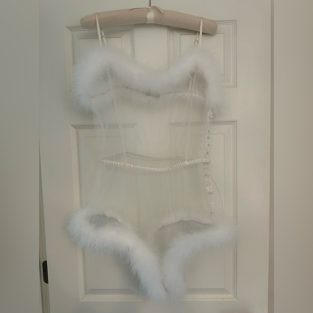 Rosamosario 100% Silk White Satin Marabou, and White Tulle Bodysuit Teddy Bridal